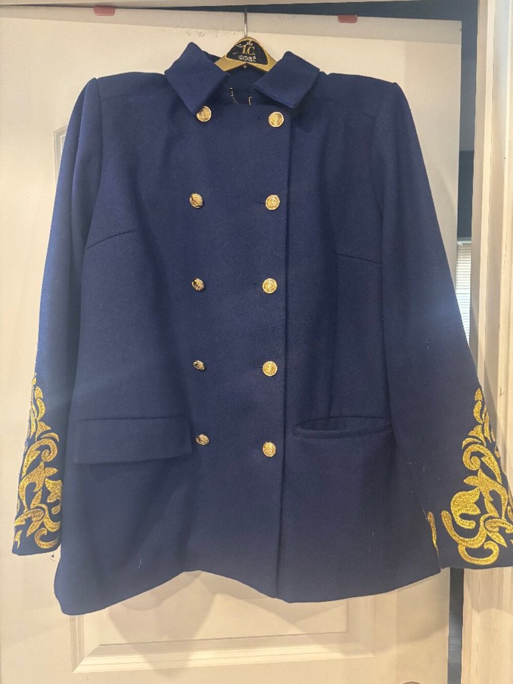 C Wonder Navy Blue Wool Blend Military Pea Coat Gold Embroidery Sleeve Sz 14